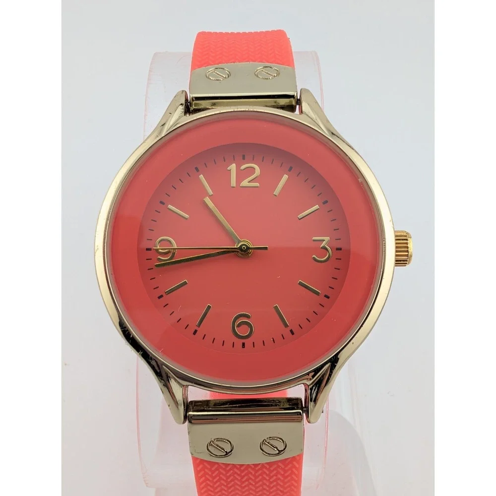 MSPCI Watch Women 36mm Gold Case Coral Silicone Band- New‎ Battery